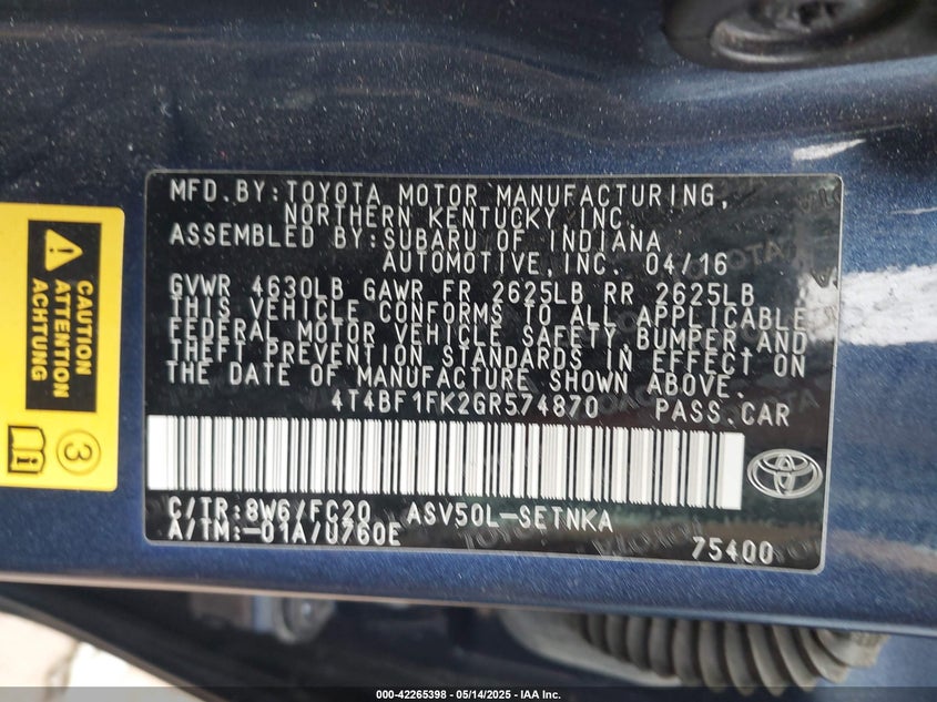 2016 TOYOTA CAMRY VIN: 4T4BF1FK2GR574870