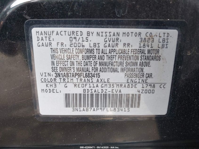 2015 Nissan Sentra S/Sv/Sr/Sl VIN: 3N1AB7AP9FL6AFG15 Lot: 42265471