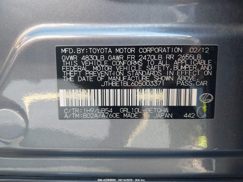 2013 LEXUS GS 350 VIN: JTHBE1BL6D5003371
