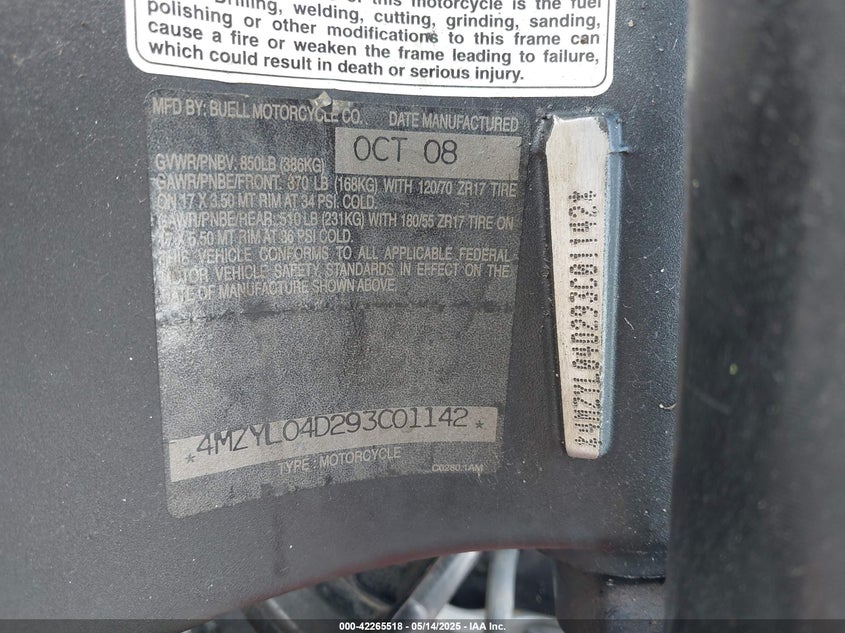 4MZYL04D293C01142 2009 BUELL 1125 photo no. 10