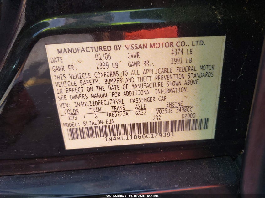 2006 NISSAN ALTIMA VIN: 1N4BL11D66C179391