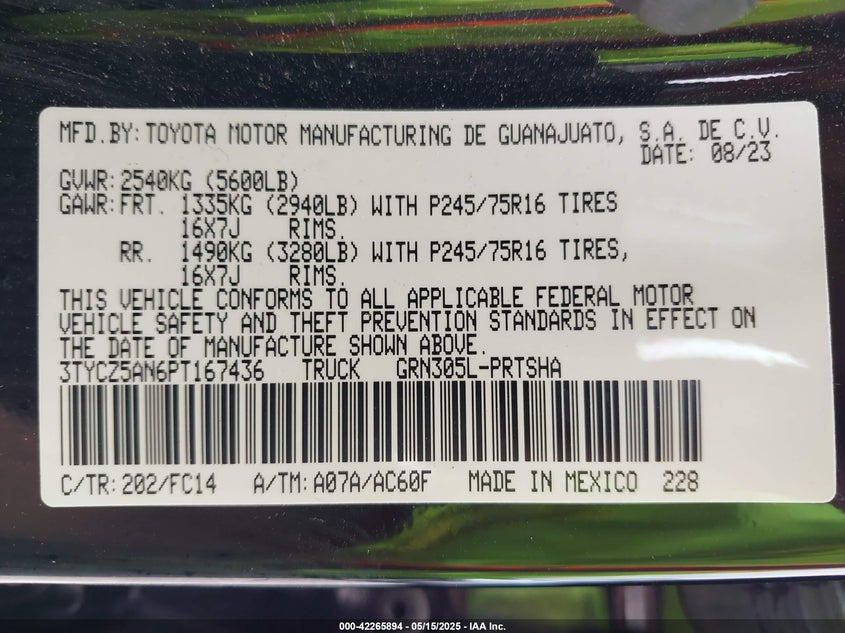 VIN 3TYCZ5AN6PT167436 2023 TOYOTA TACOMA SR5 V6