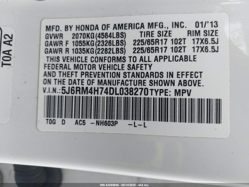 2013 HONDA CR-V EXL - 5J6RM4H74DL038270