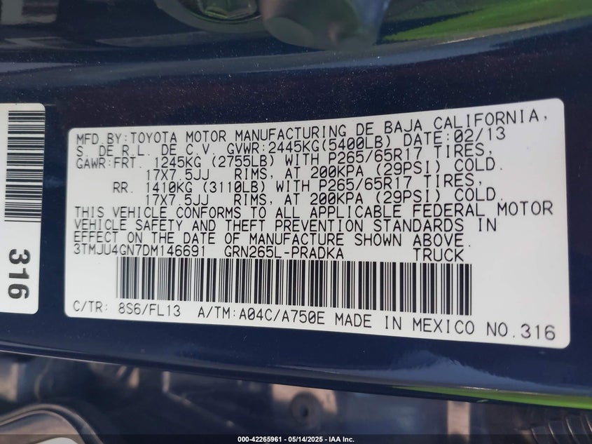 2013 TOYOTA TACOMA VIN: 3TMJU4GN7DM146691