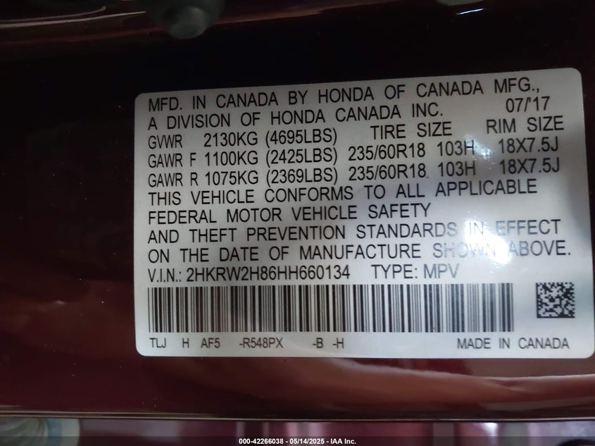 2017 HONDA CR-V VIN: 2HKRW2H86HH660134