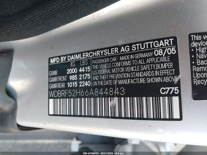 2006 Mercedes-Benz C 230 Sport VIN: WDBRF52H66A844843 Lot: 42266053