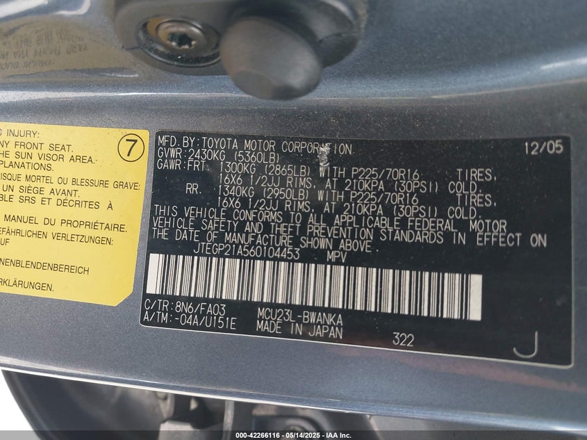 2006 TOYOTA HIGHLANDER VIN: JTEGP21A560104453