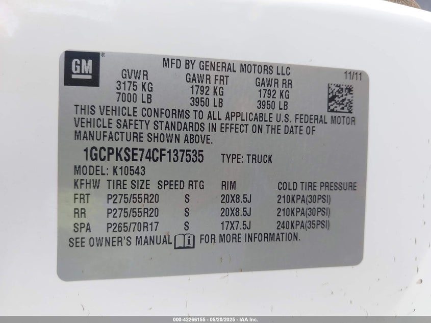 2012 CHEVROLET SILVERADO 1500 VIN: 1GCPKSE74CF137535