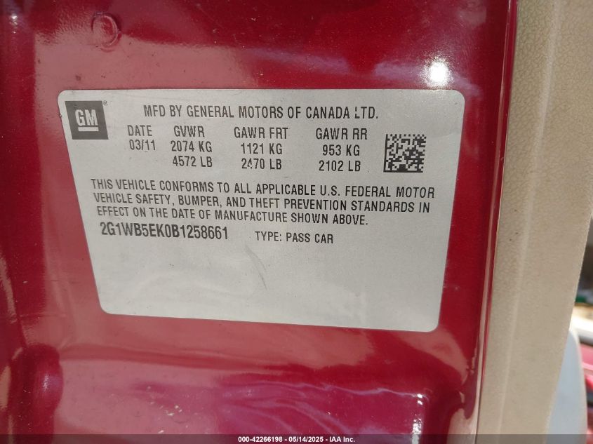 2011 Chevrolet Impala Lt VIN: 2G1WB5EK0B1258661 Lot: 42266198