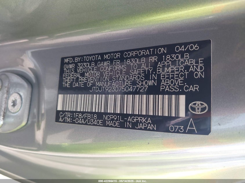 2007 TOYOTA YARIS VIN: JTDJT923075047727