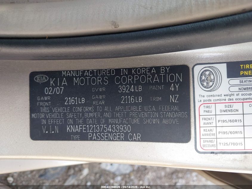 2007 Kia Spectra Ex VIN: KNAFE121375433930 Lot: 42266526