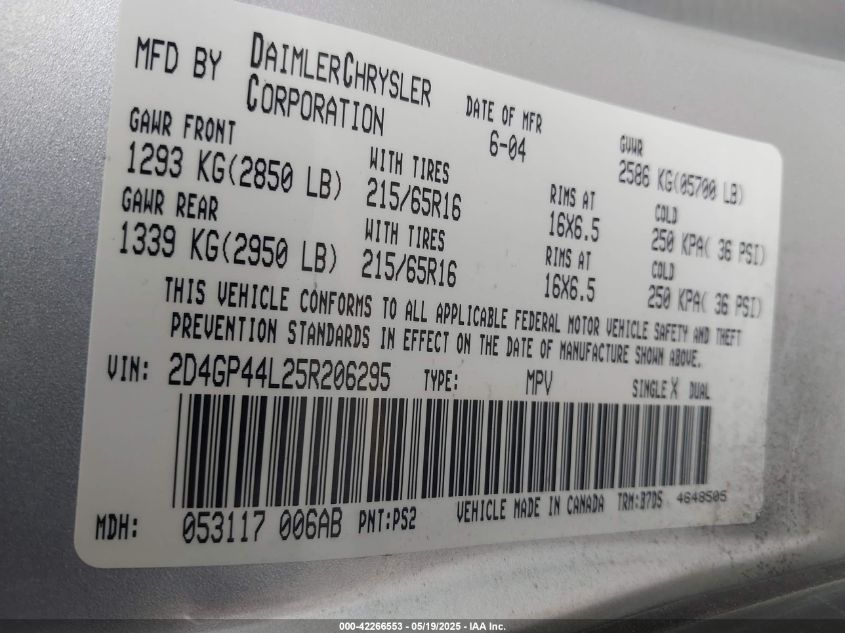 2005 Dodge Caravan VIN: 2D4CP44L25R2 Lot: 42266553