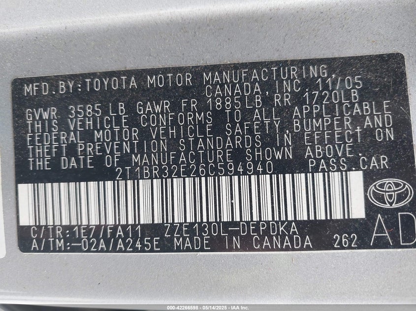 2006 TOYOTA COROLLA VIN: 2T1BR32E26C594940
