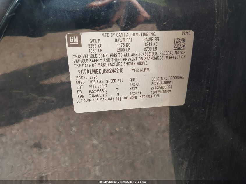 2011 GMC Terrain Sle-1 VIN: 2CTALMEC0B6244218 Lot: 42266648