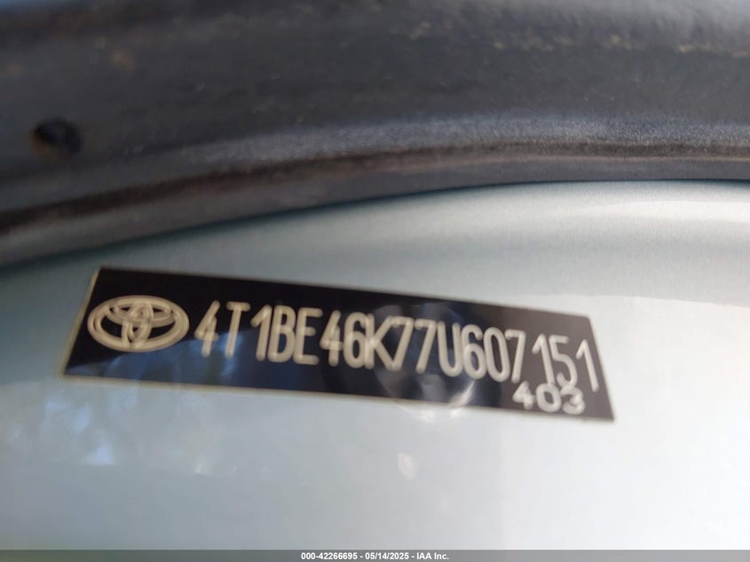 2007 TOYOTA CAMRY VIN: 4T1BE46K77U607151