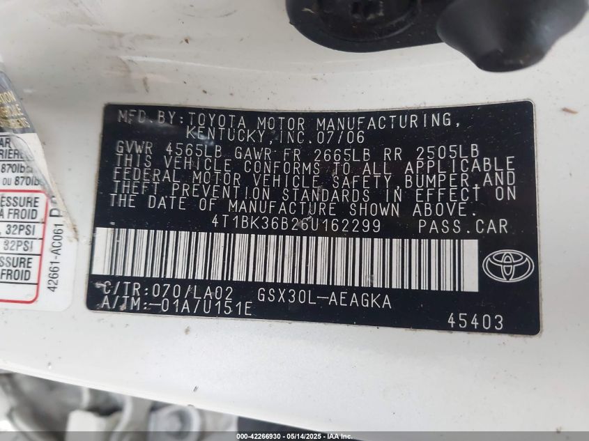 2006 Toyota Avalon Xls VIN: 4T1BK36B26U162299 Lot: 42266930