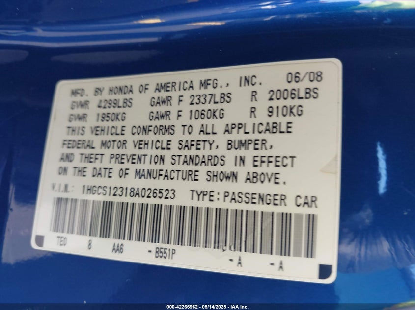 2008 HONDA ACCORD VIN: 1HGCS12318A026523
