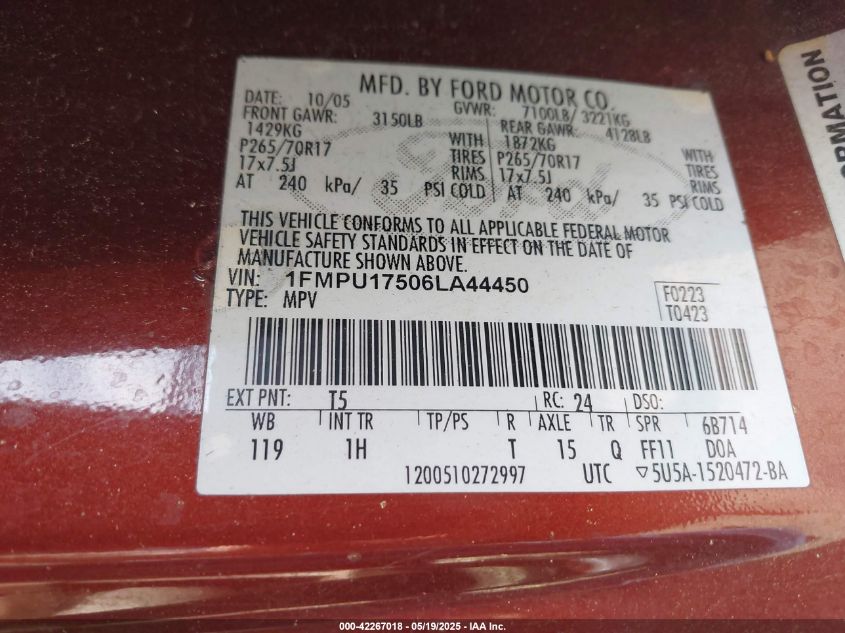 2006 Ford Expedition Eddie Bauer VIN: 1FMPU17506L144450 Lot: 42267018