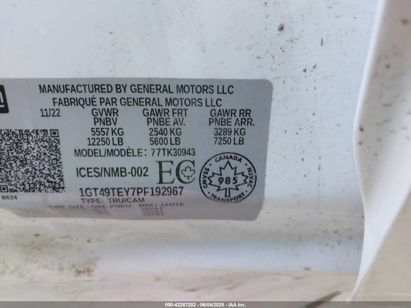 2023 GMC Sierra 3500Hd 4Wd Standard Bed Sle VIN: 1GT49TEY7PF192967 Lot: 42267202
