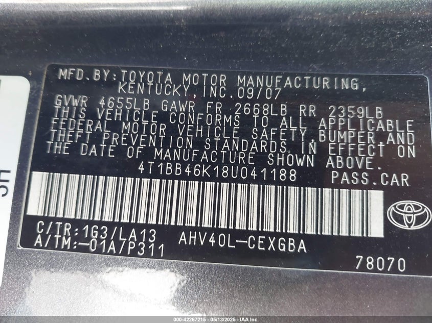 2008 TOYOTA CAMRY HYBRID VIN: 4T1BB46K18U041188