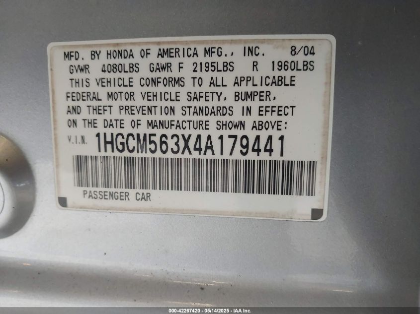 2004 Honda Accord 2.4 Lx VIN: 1HGCM563X4A179441 Lot: 42267420
