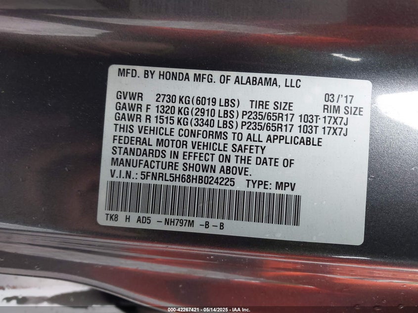 VIN 5FNRL5H68HB024225 2017 HONDA ODYSSEY EX-L