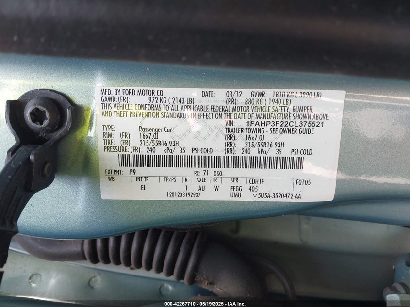 2012 FORD FOCUS VIN: 1FAHP3F22CL375521