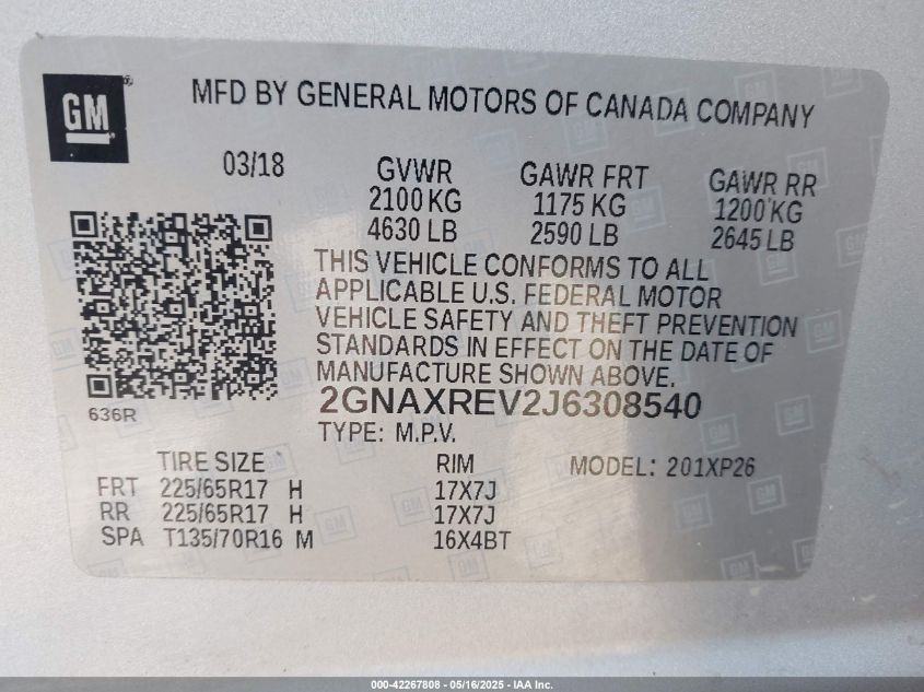 2018 Chevrolet Equinox Ls VIN: 2GNAXREV2J6308540 Lot: 42267808