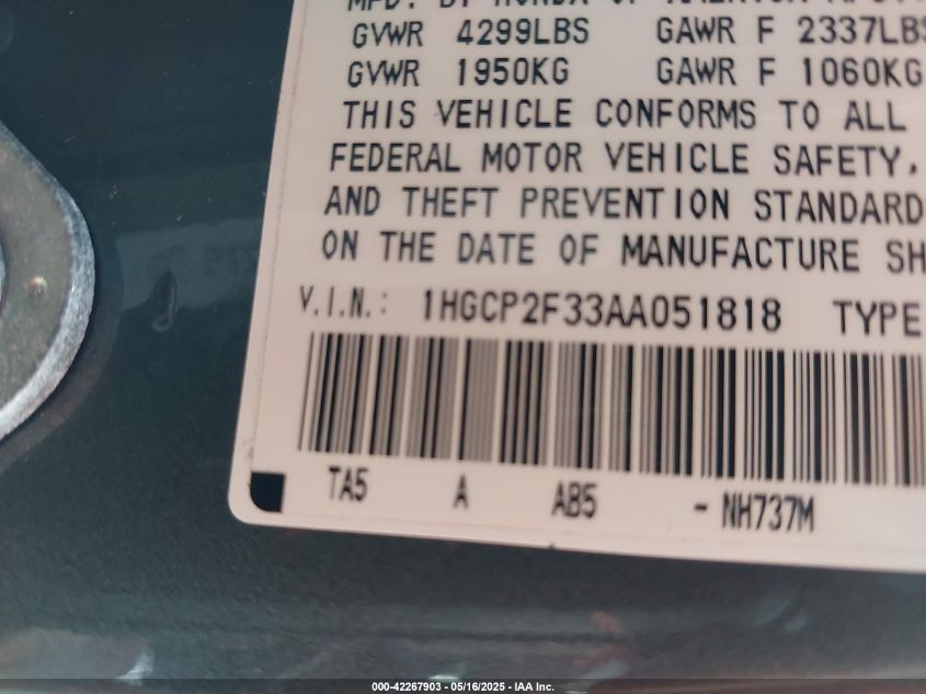 2010 Honda Accord 2.4 Lx VIN: 1HGCP2F33AA051818 Lot: 42267903