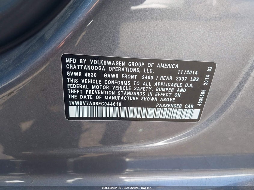 2015 VOLKSWAGEN PASSAT VIN: 1VWBV7A38FC044618