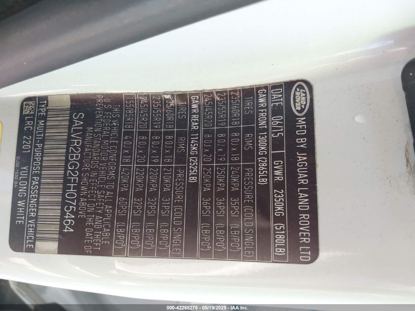 2015 Land Rover Range Rover Evoque Pure VIN: SALVR2BG2FH075464 Lot: 42268278