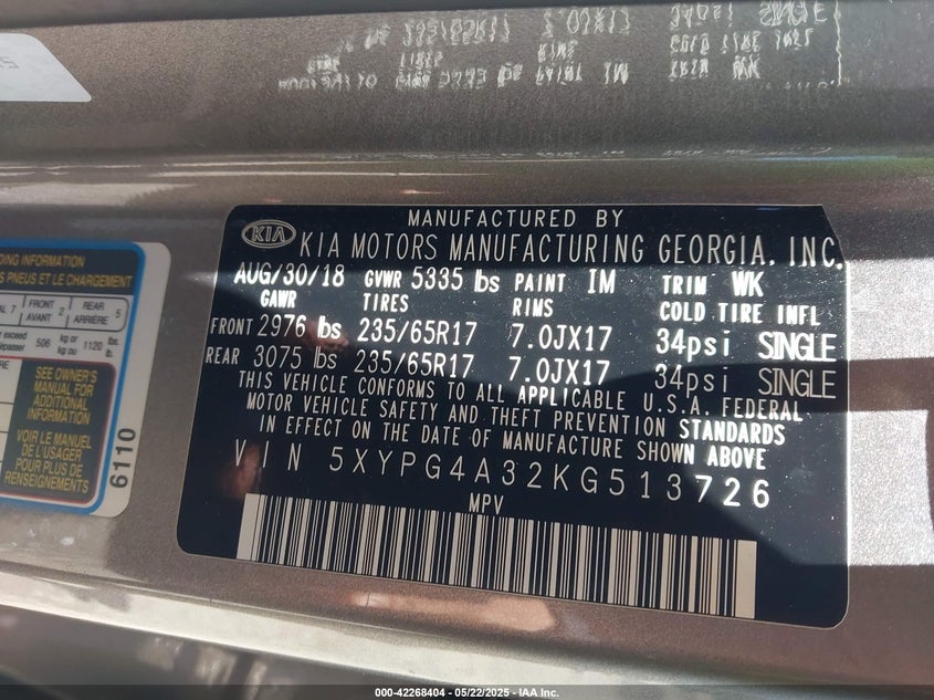 2019 KIA SORENTO VIN: 5XYPG4A32KG513726
