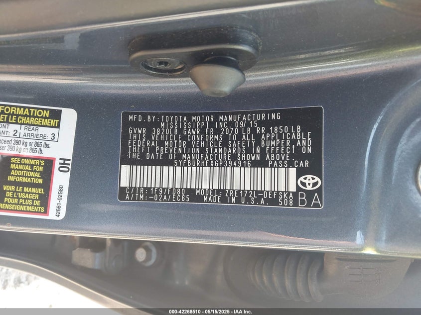2016 TOYOTA COROLLA VIN: 5YFBURHEXGP394916