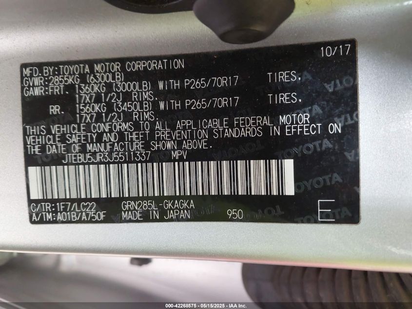 2018 Toyota 4Runner Trd Off Road Premium VIN: JTEBU5JR3J5511337 Lot: 42268575