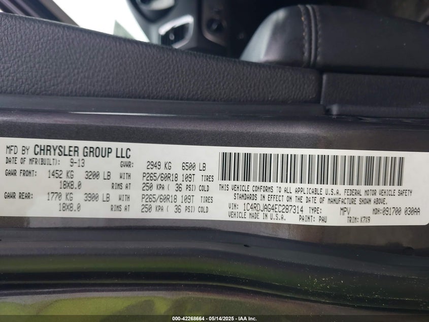 2014 DODGE DURANGO VIN: 1C4RDJAG4EC287314