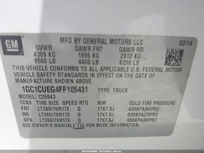 2015 CHEVROLET SILVERADO 2500HD VIN: 1GC1CUEG4FF105431