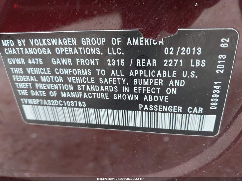 2013 VOLKSWAGEN PASSAT 2.5L SE - 1VWBP7A32DC103783