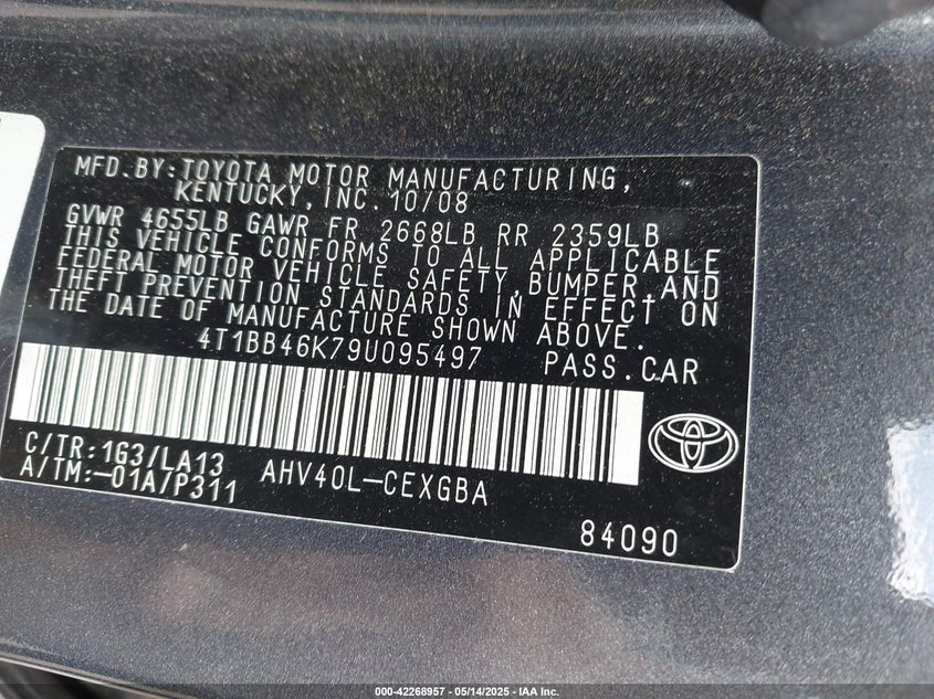 2009 TOYOTA CAMRY HYBRID VIN: 4T1BB46K79U095497