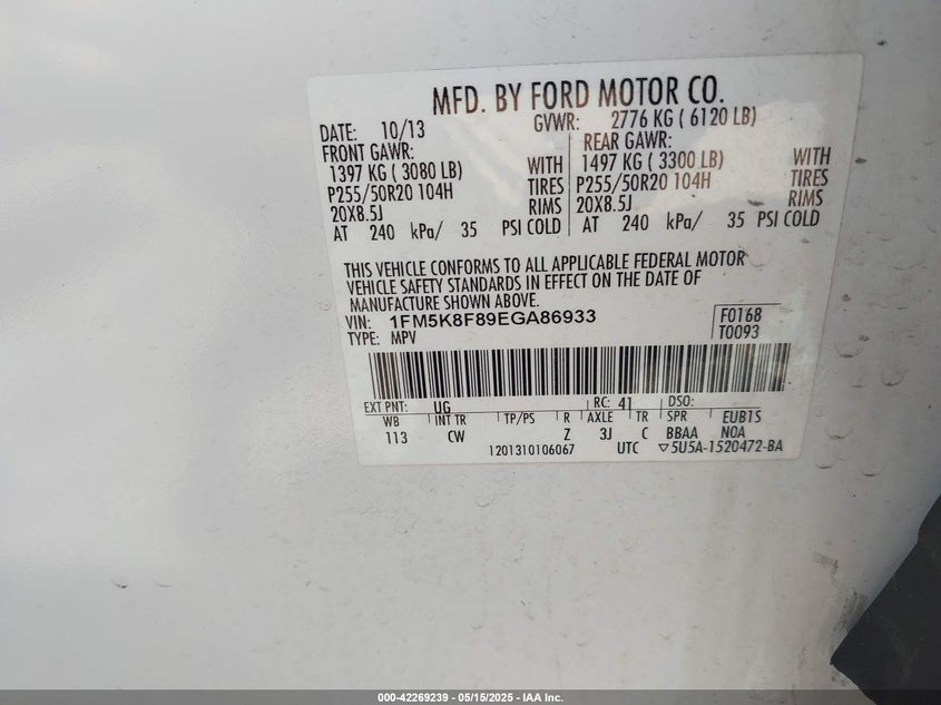 2014 FORD EXPLORER VIN: 1FM5K8F89EGA86933