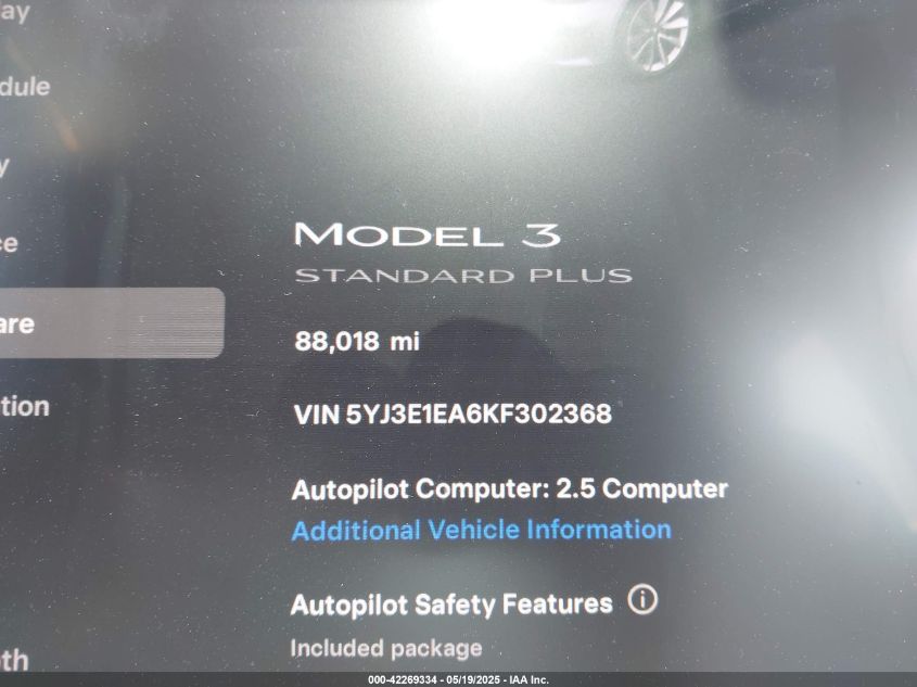 2019 Tesla Model 3 Long Range/Mid Range/Standard Range/Standard Range Plus VIN: 5YJ3E1EA6KF302368 Lot: 42269334