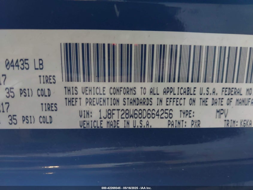2008 JEEP PATRIOT VIN: 1J8FT28W68D664256