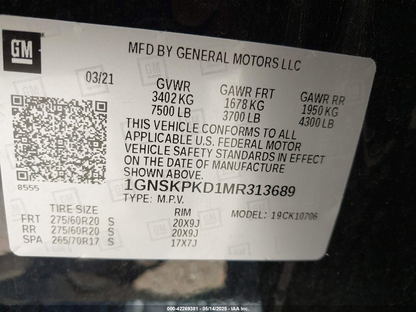 2021 Chevrolet Tahoe 4Wd Z71 VIN: 1GNSKPKD1MR313689 Lot: 42269381