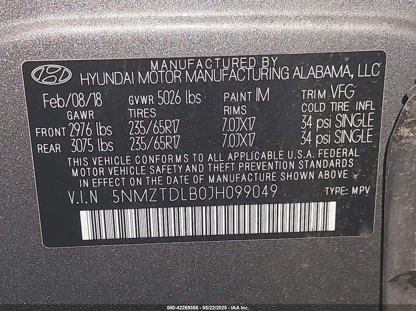 2018 HYUNDAI SANTA FE SPORT VIN: 5NMZTDLB0JH099049