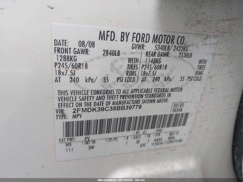2008 FORD EDGE VIN: 2FMDK39C38BB39779