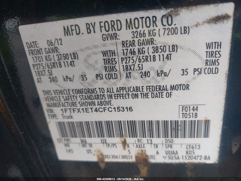 2012 FORD F-150 VIN: 1FTFX1ET4CFC15316