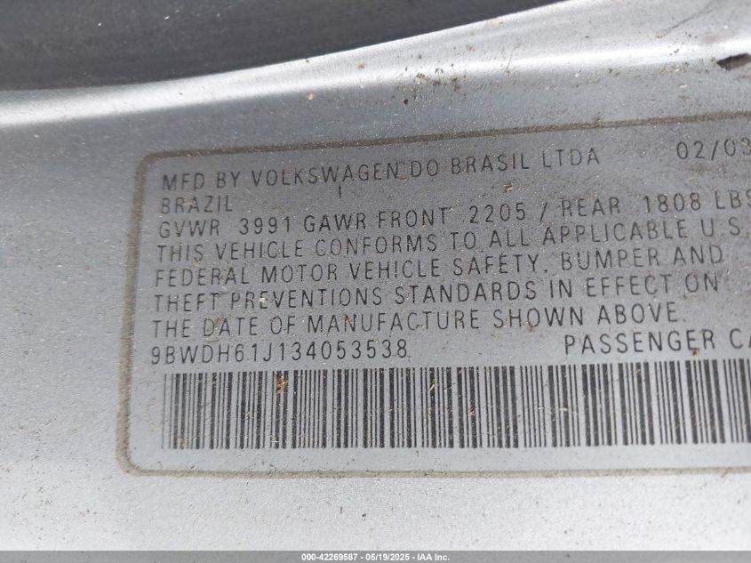 2003 Volkswagen Gti Vr6 VIN: 9BWDH61J134053538 Lot: 42269587