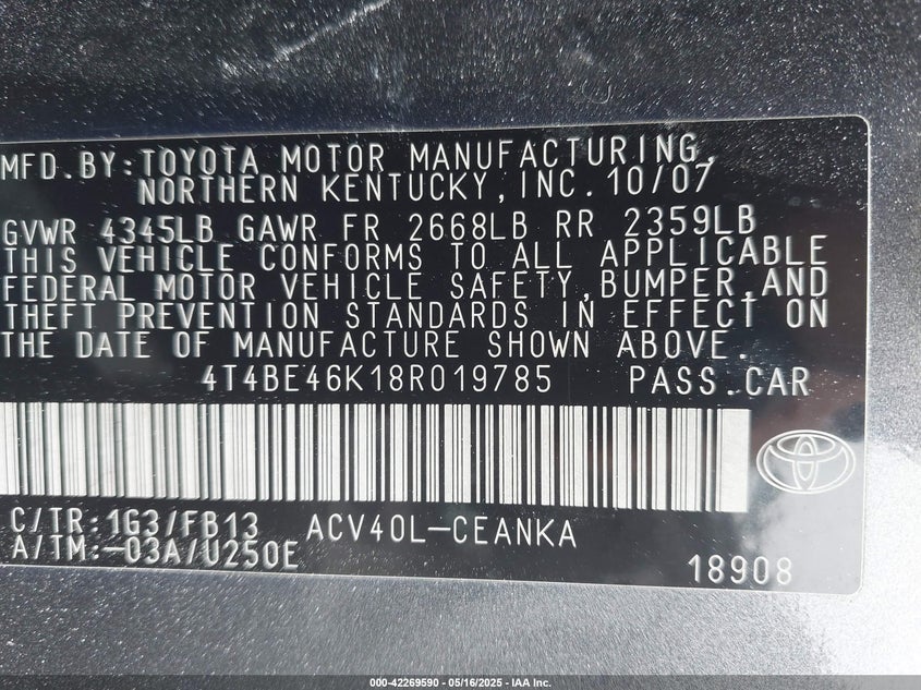 2008 TOYOTA CAMRY VIN: 4T4BE46K18R019785