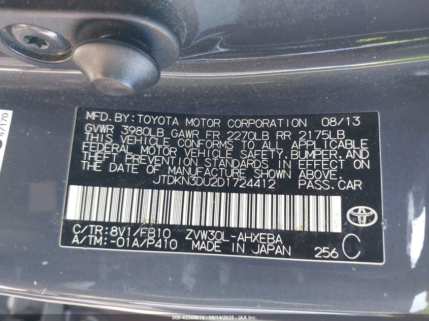 2013 TOYOTA PRIUS VIN: JTDKN3DU2D1724412