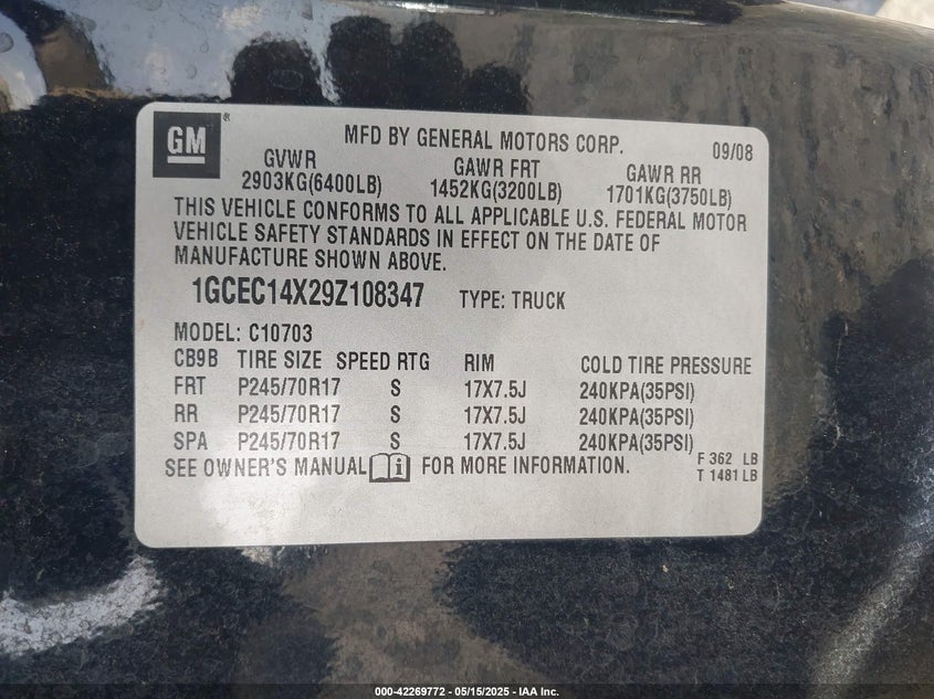 2009 CHEVROLET SILVERADO 1500 VIN: 1GCEC14X29Z108347