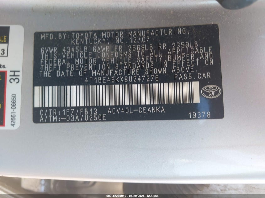 2008 TOYOTA CAMRY VIN: 4T1BE46KX8U247276